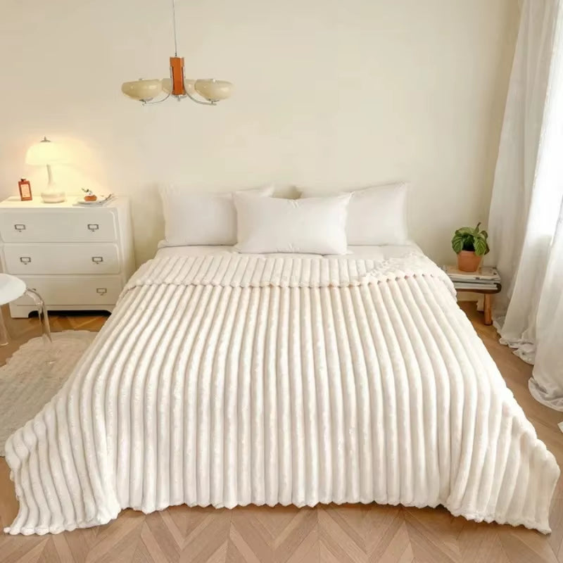 1Pc Throw Blanket for Bed - 250GSM Soft & Warm Fluffy Blanket, Decorative Striped Blankets for Winter Nap / Sleep